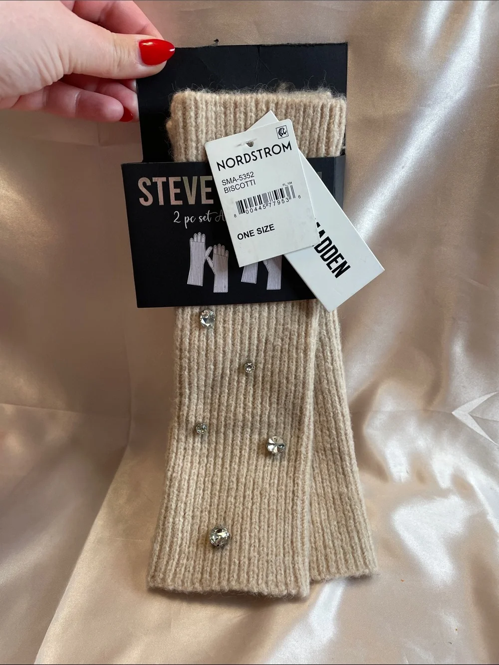 Steve Madden Biscotti Ribbed Knit Arm Warmers w/ Crystal Accents - NWT $42 MSRP